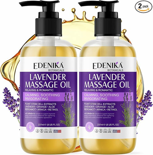 Edenika Botanicals Lavender Massage Oil for Skin, Luxury Aromatherapy & Romantic Massage Oil for Date Night, Relaxing & Hydrating Skin, 2-Pack