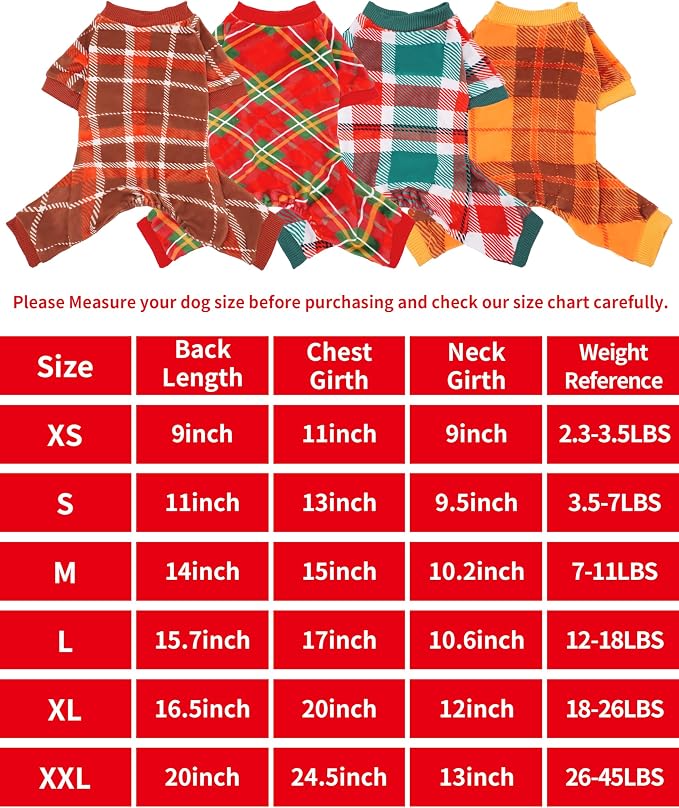 PET SHOW 4 Pack Plaid Fleece Dog Pajamas Warm for Extra Large Dogs | Soft stretchy dogs onesies,boy girl pjs with sleeve,holiday jumpsuit costume for large pets,XXL
