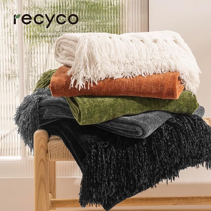 RECYCO Chenille Throw Blanket for Couch, 50"x60", Ivory White | Super Soft Knit Throw Blanket with Fringe Tassels, Lightweight Knitted Throw, Cozy, Ideal for Sofa Chair Bed Living Room Gift