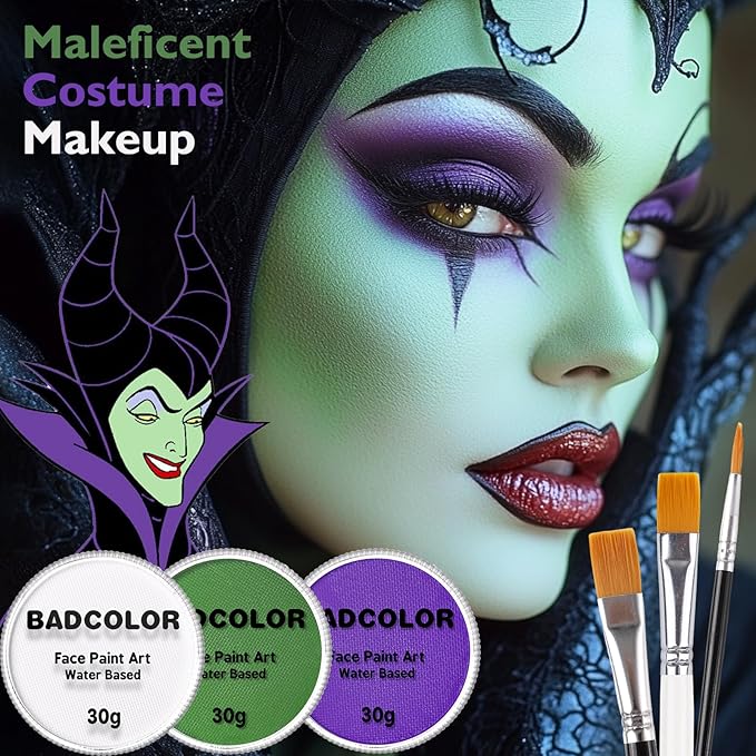 White Green Purple Face Body Paint, Face Painting Kit with Brushes for Beetlejuice & Frankenstein Halloween Makeup, Facepaints for Witch Ursula Maleficent Costume Cosplay & Monster Skeleton SFX Makeup