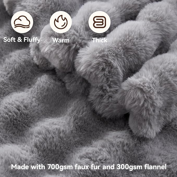 Anysay Faux Fur Throw Blanket,1000GSM Fluffy Soft Bubble Blanket 90''*104'' | Cozy Plush Warm and Thick Blanket for Couch Bed, Fuzzy Rabbit Throw for Living Room Bedroom Light Grey