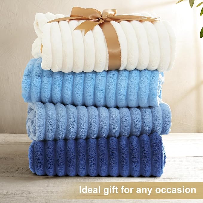 decorUhome Navy Blue Fleece Throw Blanket 50x60 Inches | Soft Couch Cozy Fluffy Plush Flannel Striped Blanket for Sofa Bed, Lightweight Decorative Ribbed Fuzzy Blanket for Woman