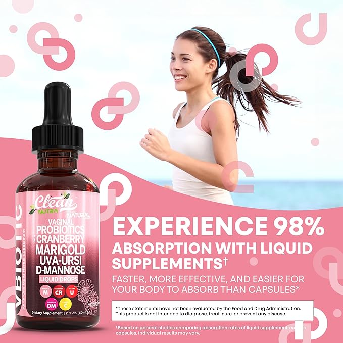 VBiotic Vaginal Probiotic for Women Liquid Drops | Womens Probiotics | Cranberry Uva Ursi Horsetail D-Mannose Prebiotics Marigold & Black Cohosh Vaginal Health Supplement | pH Balance | By Clean Nutra