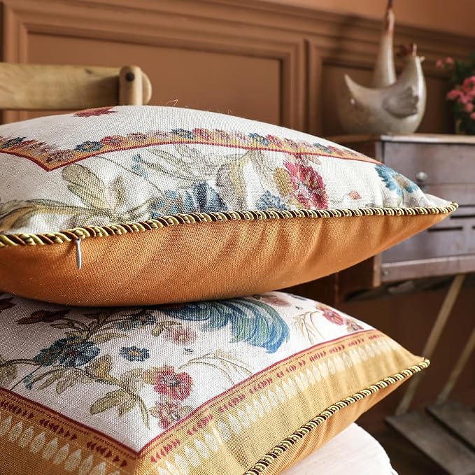 patdrea French Vintage Linen Pillow Cover,18"x18",Set of 2-Townlife B | Decorative Pillow Case with Zipper,Floral Pattern,Pillow Cover for Couch Living Room Bedroom Sofa