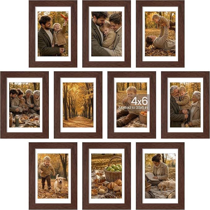 upsimples 4x6 Picture Frame Set of 10, Display Pictures 3.5x5 with Mat or 4x6 Without, Multi Photo Frames Collage for Wall or Tabletop Display, Brown | Small Frame Fit 3.5x5 and 4 x 6 Photos, Wall or Tabletop Display, For Gallery Hallway Living Room, F...