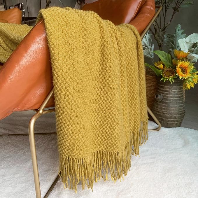 LOMAO Knitted Throw Blanket with Tassels Bubble Textured Lightweight Throws for Couch Cover Home Decor (Mustard Yellow, 50x60)