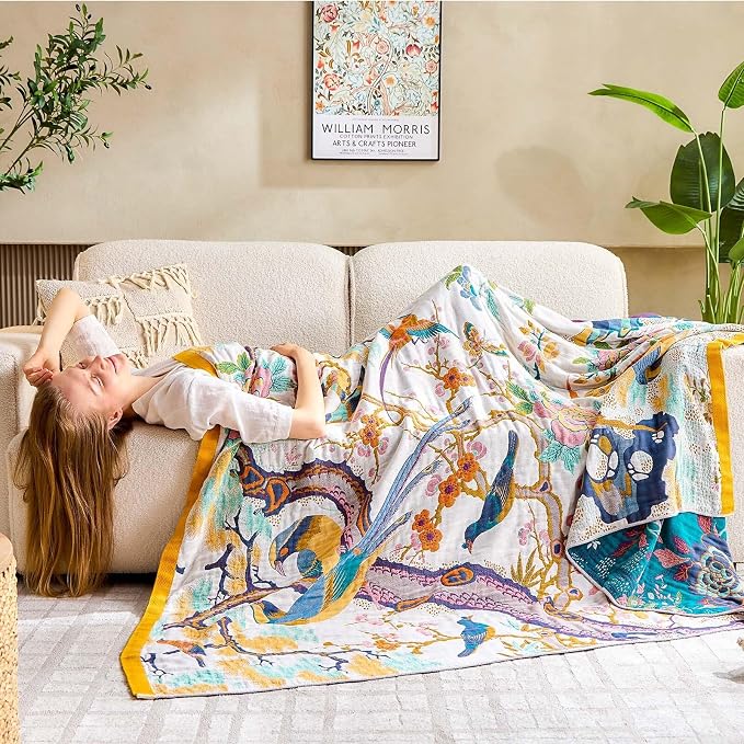 XIBLC Fall Throw Blanket for Couch, Yellow Boho Decorative Throw Blanket, 100% Cotton Muslin Breathable Woven Farmhouse Blankets Quilt, 90"x98" Reversible Lightweight Blankets Bohemian Throw Quilt
