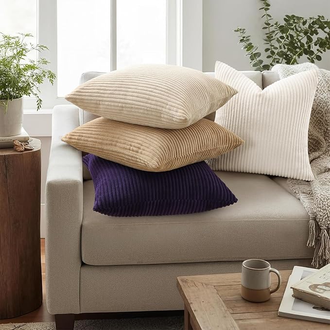 Mecatny Corduroy Decorative Throw Pillow Covers 26x26 Set of 2 Dusty Purple | Soft Striped Texture, Hidden Zipper Design, Neutral Boho Square Pillow Cases for Sofa Couch Living Room Bedroom, Home Décor