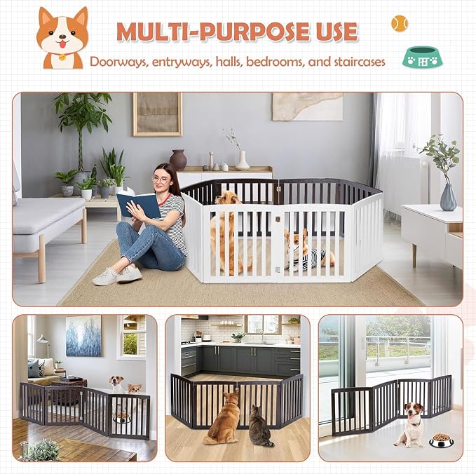 Dog Gate Pet Gate Indoor for Stairs Doorways 82x24 Inch 4 Panels Dog Fence Extra Wide Wooden Black