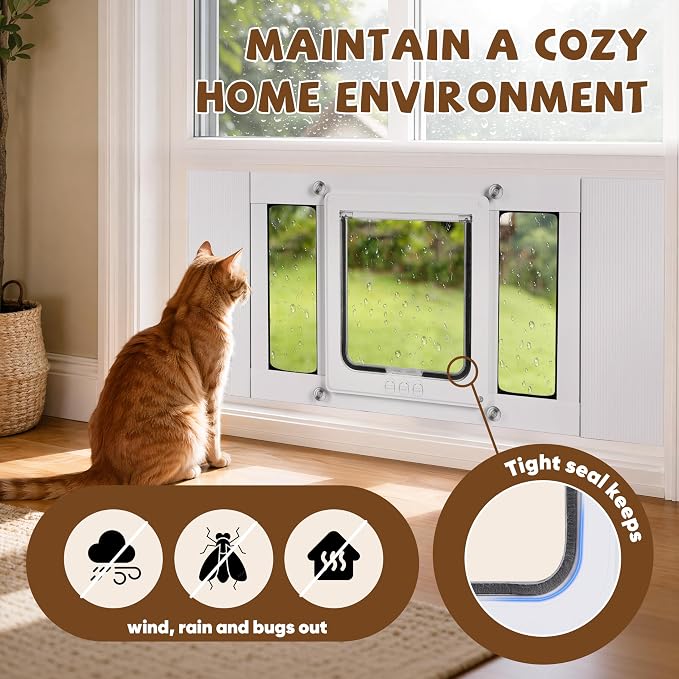 Compact Cat Door for Window, H: 13", Fit 24"-28" Window | Weatherproof Aluminum Frame & HD Glass, Quick 1-Minute Installation, Magnetic Closing Window Cat Door Insert