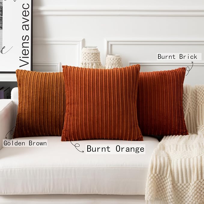 UGASA Fall Velvet 24x24 Inch Soft Throw Pillow Cover Boho Farmhouse Decorative Corduroy Striped Both Sides Solid Square Cushion Case for Couch Bedroom Sofa Home, 1 Piece, Burnt Orange