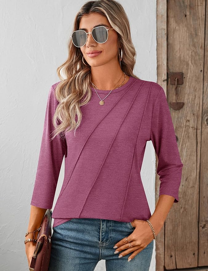LOMON 3/4 Length Sleeve Womens Tops Spring Summer Fashion 2026 Tops Crew Neck Pleated Shirts Tunic Top Loose Fit