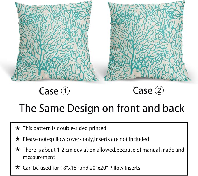 Nautical Coastal Coral Pillow Covers 20x20 Inch Set of 2 Summer Ocean Beach Teal Turquoise Decorative Pillow Cases Outdoor Linen Cushion Cover Farmhouse Decor for Bedroom Home Sofa Couch Bed