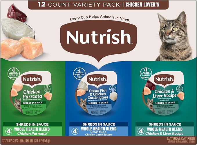 Nutrish Chicken Lover's Wet Cat Food Variety Pack, 2.8 oz Cup (Rachael Ray) | Includes 12 Cups of Three Grain Free Recipes: Chicken Purrcata, Ocean Fish & Chicken Catch-iatore and Chicken & Liver