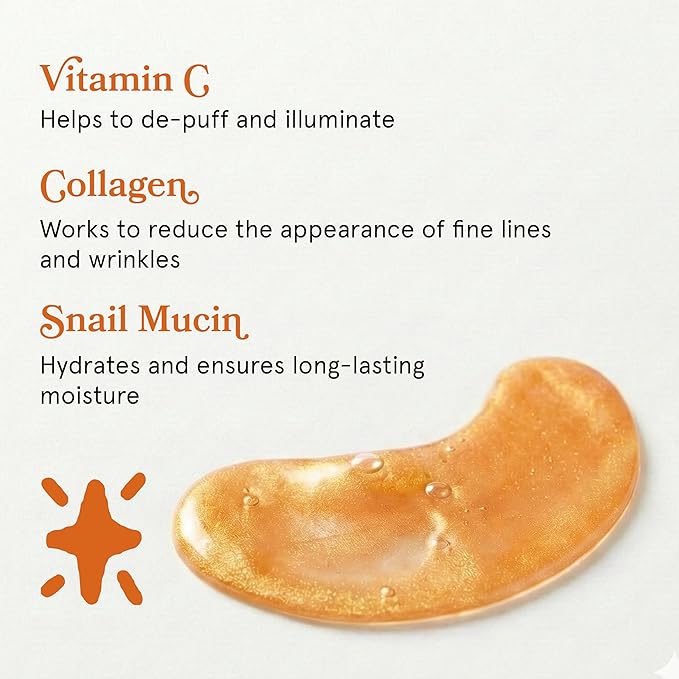 LE GUSHE Vitamin C Eye Patches with Collagen and Snail Mucin, Aloe Vera Eye Patches for Puffy and Dark Undereyes, Korean Skincare for All Skin Types, 30 Pairs