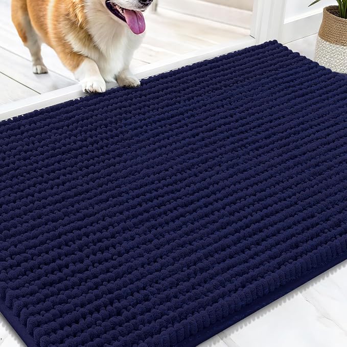 OLANLY Dog Door Mat for Muddy Paws 30x20, Extra Absorbent Chenille Mud Mat | Navy Blue, Absorbs Moisture and Dirt, Non-Slip Machine Washable Doormat, Quick-Drying Indoor Entryway Floor Mat for Dogs
