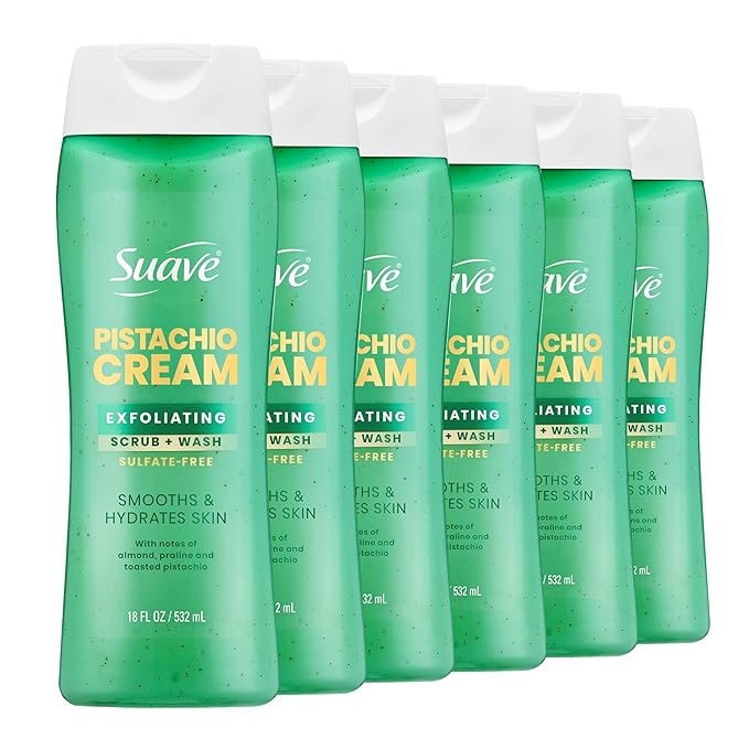 Suave Pistachio Cream Exfoliating Body Wash & Scrub with Glycerin & Vitamin E, Sulfate-Free Hydrating Cleanser for Soft, Smooth Skin, 6 Count, 18 FL OZ
