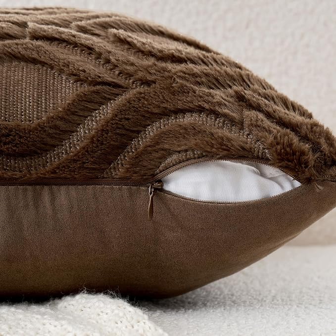 MIULEE Dark Brown Soft Plush Faux Wool Throw Pillow Covers 18x18 | Set of 2, Farmhouse Boho Home Decor, Decorative Cushion Covers for Sofa, Living Room, Bed