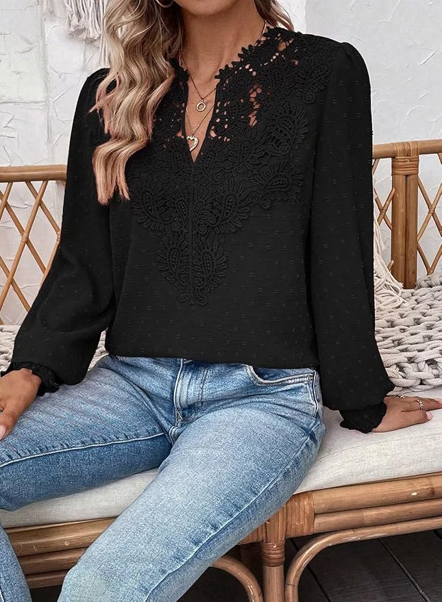 Womens Tops Swiss Dot Boho Long Sleeve Shirts V Neck Casual Chiffon Blouses Flowy Lace Hem Cute Clothing Trendy 2026