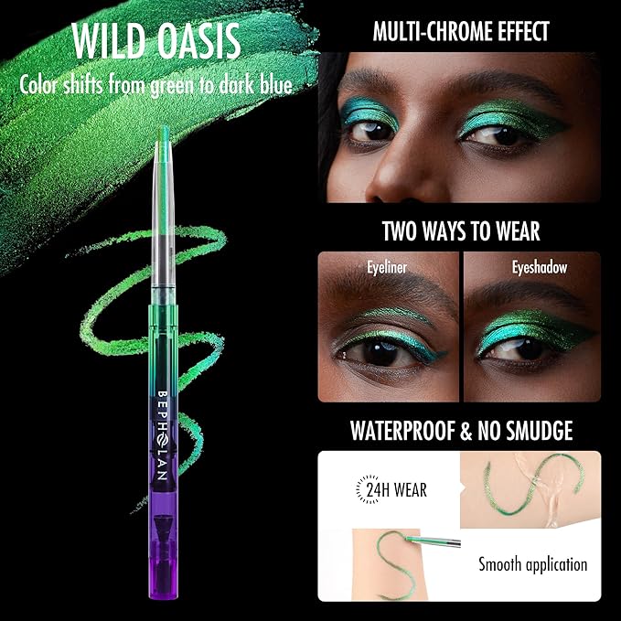 BEPHOLAN Chameleon Metallic Green Eyeliner Pencil Waterproof Gel Eye Liner Pencil Shifting Colors Glitter, Smudge Proof 24h Long-Lasting Eyeliner Pen (WILD OASIS)