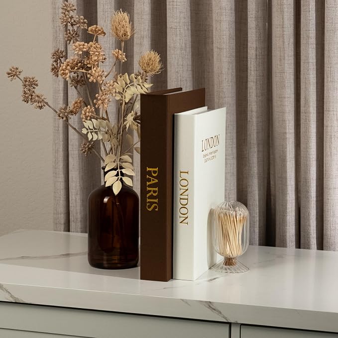 Decorative Books with Storage (Dark Brown/Beige) – Set of 2 Faux Linen Book Boxes with Gold Stamped Covers – Enhance Your Coffee Table, Bookshelf – Hidden Storage for Photos, Keepsakes, and Jewelry