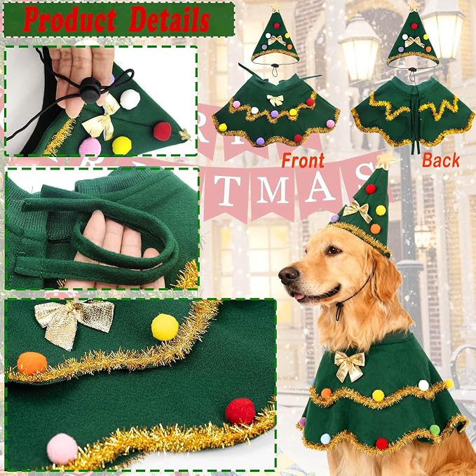 Large Dog Christmas Costumes Green Xmas Pet Cloak 2PCS Santa Cape Hat Christmas Tree Outfit Winter Warm Coat Pet Elf Clothes for Medium Large Dogs Holiday Party Dress (Christmas Tress Green, Medium)
