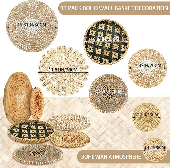 Glenmal 13 Pcs Boho Wall Basket Decor Set Woven Rattan Seagrass,Retro | Handmade Flat Baskets for Bedroom Living Room Office, Wicker Bamboo Seagrass Hanging Art, Farmhouse Gallery Ready to Hang