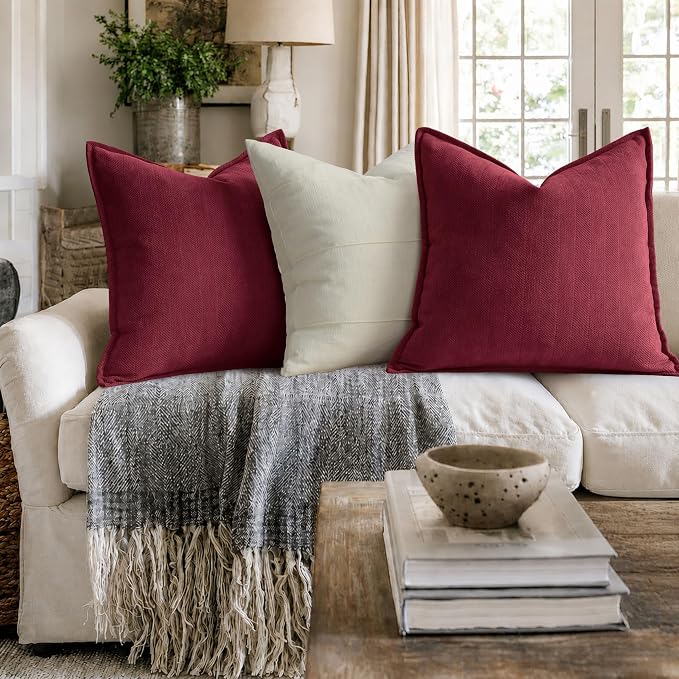 Burgundy Pillow Covers 26x26 Set of 2 Chenille Throw Pillow Covers with Elegant Design Soft and Luxurious Decorative Throw Pillows for Couch, Bed, and Home Decor