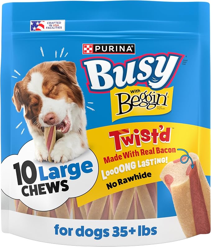 Purina Busy with Beggin Twisted Dog Treats, with Real Bacon, 10 ct Pouch | Bacony dog treat wrapped around long-lasting Busy chew, rawhide free, with no artificial flavors, made in the USA