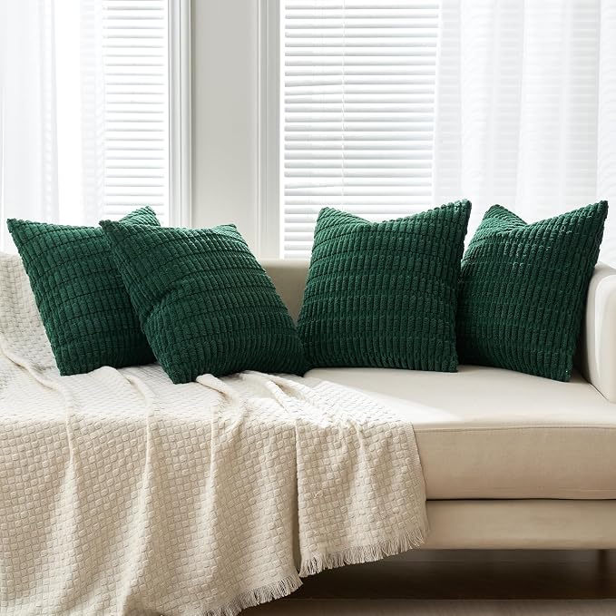 MIULEE Pack of 4 Christmas Corduroy Throw Pillow Covers 18x18 Dark Green | Neutral Rustic Farmhouse Boho Soft Striped Pillow Covers,Home Decor for Sofa,Living Room,Couch,Bed