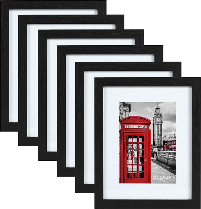 8x10 Picture Frame Set of 6,Wall or Tabletop Display,Black Woodgrain | Display 5x7 with Mat or 8x10 Without Mat, Horizontal or Vertical, Gallery Wall Frame Set for Wedding & Room & Home Decor