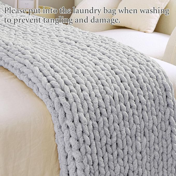 Chunky Knit Blanket Throw for Couch, 51"x63" Chunky Yarn Knitted Blankets | 100% Hand Knit Thick Chenille, Soft Breathable for Bed, Sofa, Home Decor, Cozy Gifts for Women Friends, Light Gray