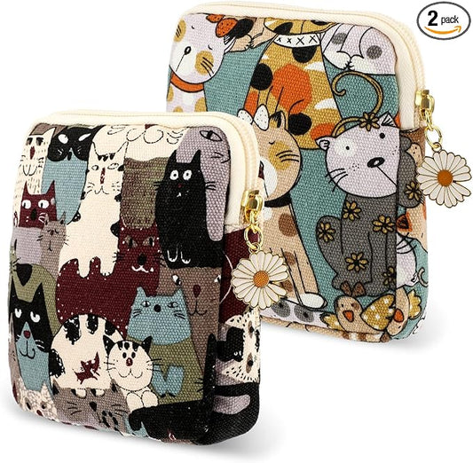 Amabro Sanitary Napkin Storage Bag, 2PCS Period Bags Cute Sanitary Pad Storage Pouch Tampon Pantyliners Menstrual Purse Daisy Zipper for Women Teen Girls School Travel Feminine Product(Cat)