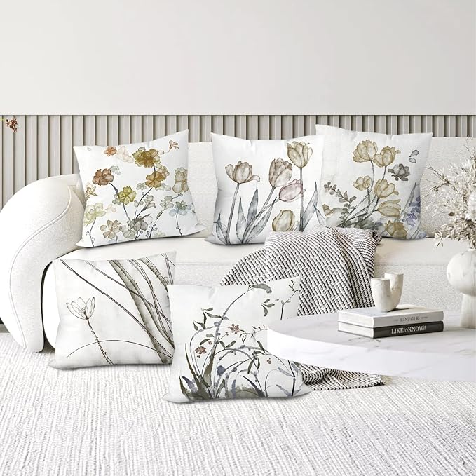 Sage Green Throw Pillow Covers 18x18 Set of 6, Botanical Floral Home Decor | spring summer floral bloom, Standard Throw Pillow Size, Breathable Linen, Neutral flower, Couch Sofa Living Room, home decor