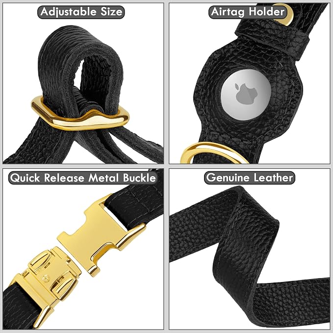 Leather Airtag Dog Collar - Soft Tracking Dog Collar with Apple AirTag Holder and Metal Buckle - Safety GPS Pet Collars for Small Medium Large Dogs Puppy Pink Red (Black, M, 14"-18" Neck Fit)