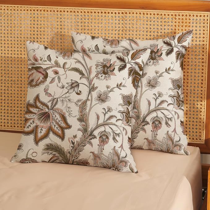 Brown Pillow Covers 16x16 Set of 2 Brown Chinoiserie Floral Throw Pillows Boho Vintage Flowers Decorative Pillow Cases Outdoor Chinoiserie Decor Farmhouse Linen Cushion Cover for Couch Sofa