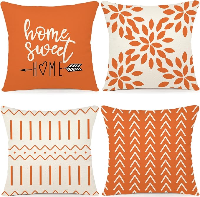 YCOLL Fall Pillow Covers 18x18 Set of 4, Modern Sofa Throw Pillow Cover for Fall Decor, Decorative Outdoor Linen Fabric Pillow Case for Couch Bed Car, Orange