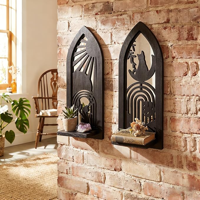 ZEXUIRU 2 Set Rustic Candle Sconces Living Room Bedroom Entryway Wood Mirrored, Farmhouse, Carved Frame Wall-Mount Wooden Candle Holders Wall Decor Hanging Handmade Holder - Black
