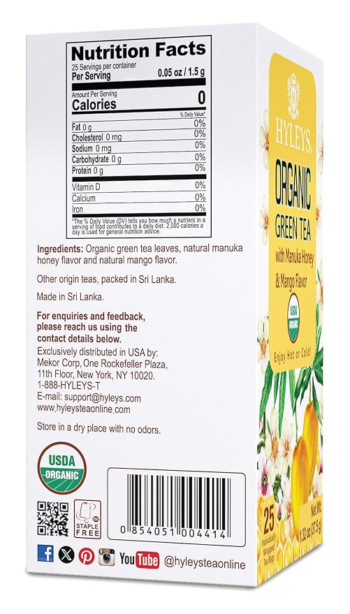 HYLEYS Organic Green Tea, Manuka Honey and Mango Flavor - 25 Individually Wrapped Tea Bags - USDA Organic - Kosher & Vegan