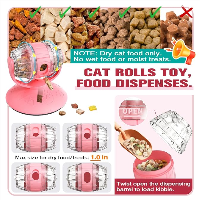 Rotating Interactive Cat Treat Dispenser Toy - Slow Feeder Puzzle for Indoor Cats-Pink