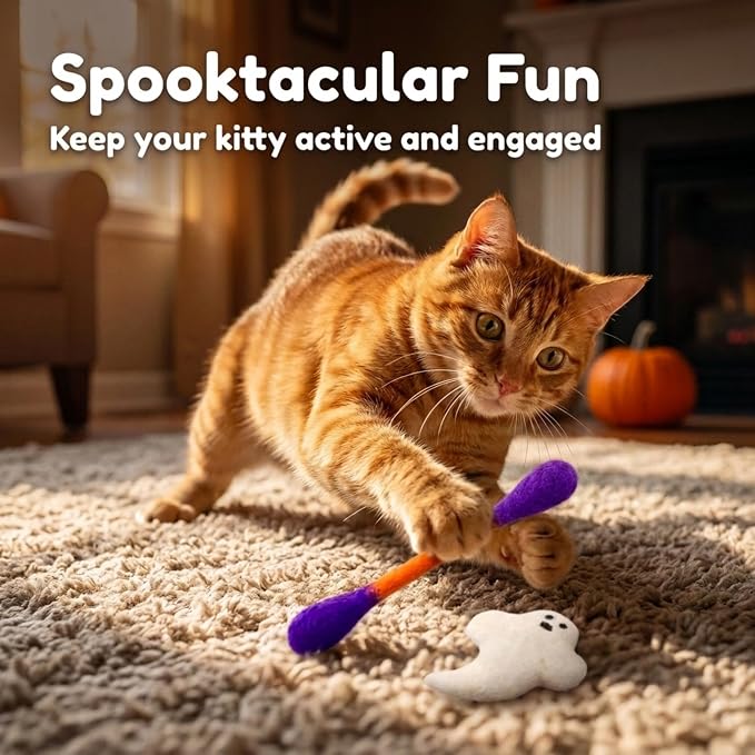 Glaciart One Halloween Cat Toys with Catnip – 7 Pack Felt Swab Cat Toys + Ghost Toy, Interactive Wool Cat Toys for Indoor Cats & Kittens, Handmade Natural Catnip Toys for Chase, Chew & Play