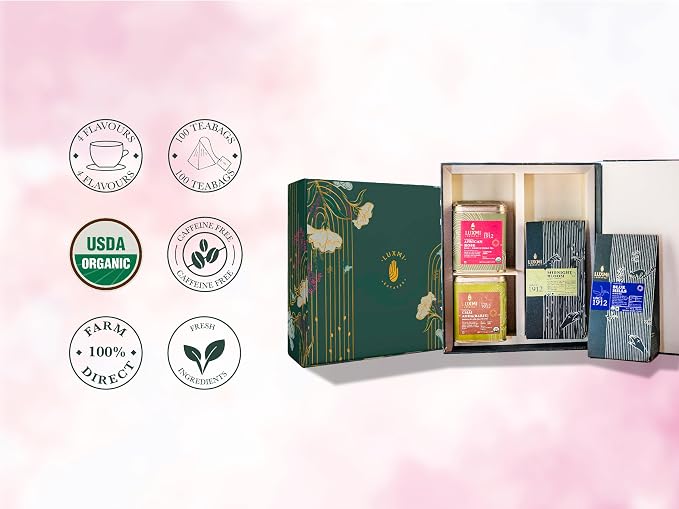 Luxmi Estates - Tea Set - Classic Collection - 4 Packs With Organic Assam, Masala Chai, Jasmine and Hibiscus Rose Tea - Great Gift Set for Adults