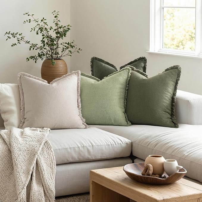 MIULEE Fall Linen Fringe Pillow Covers Set of 4 22x22 Beige/Sage Green | Boho Farmhouse Decorative Throw Pillow Covers, Neutral Soft Rustic Cushion Cases, for Couch Sofa Bed Living Room Home Decor