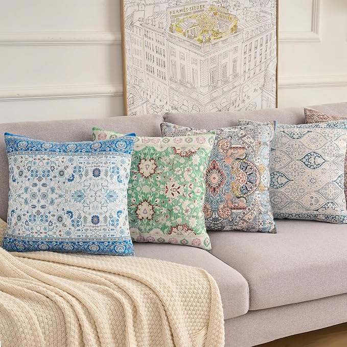 Boho Floral Throw Pillow Covers 16x16 inch Set of 2,Blue Boho Rug Geometric Floral Pattern Decor Double Sided Pattern Cushion Cover Soft Pillow Case Living Sofa Room Bed Square Pillow Cover