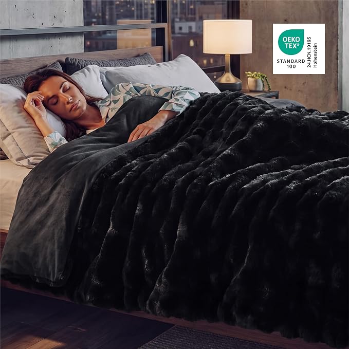 Bedsure GentleSoft Bubble Faux Fur King Size Blanket for Bed, Fluffy Fuzzy King Blanket for Winter, Soft Cozy Faux Fur Bedding Thick Warm Plush Decor for Bedroom, Black, 104x90