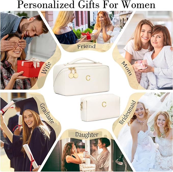 Birthday Gifts for Women Teen Girl, Personalized Initial Makeup Organizer Bag Set, Open Flat Travel Cosmetic Bag With Clear Divider and Handle(Beige,C)
