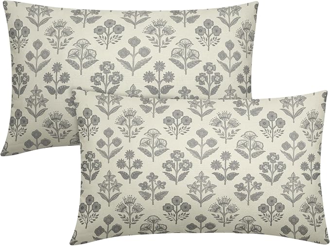 Grey Gray Floral Pillow Covers 12x20 Inch Set of 2, Block Print Lumbar Flower Cream Decorative Throw Pillowcases Outdoor Farmhouse Rectangle Cushion Covers Spring Summer Sofa Couch Bed Decor