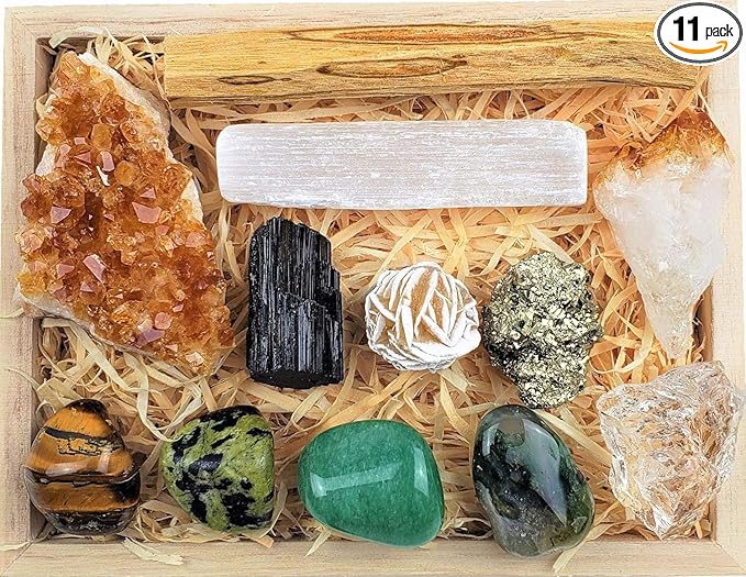Crystals and Healing Stones Premium Kit Wooden Box - Chakra Stones Healing Crystals Set, Rose Quartz, Amethyst Cluster, Quartz Points, Chakra Pendulum (Abundance and Prosperity Crystal Collection)
