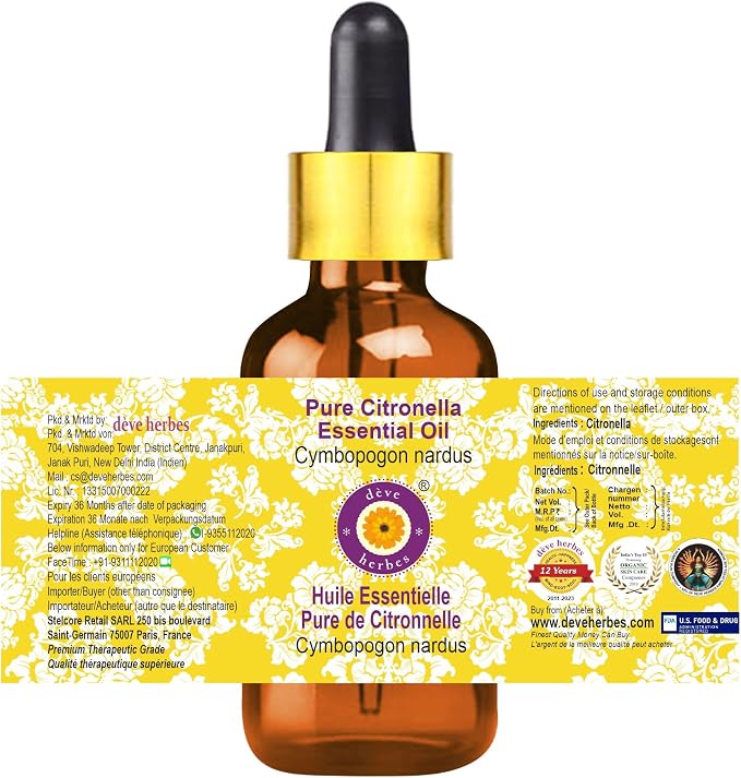 Deve Herbes Pure Citronella Essential Oil (Cymbopogon nardus) with Glass Dropper Steam Distilled 10ml (0.33 oz)