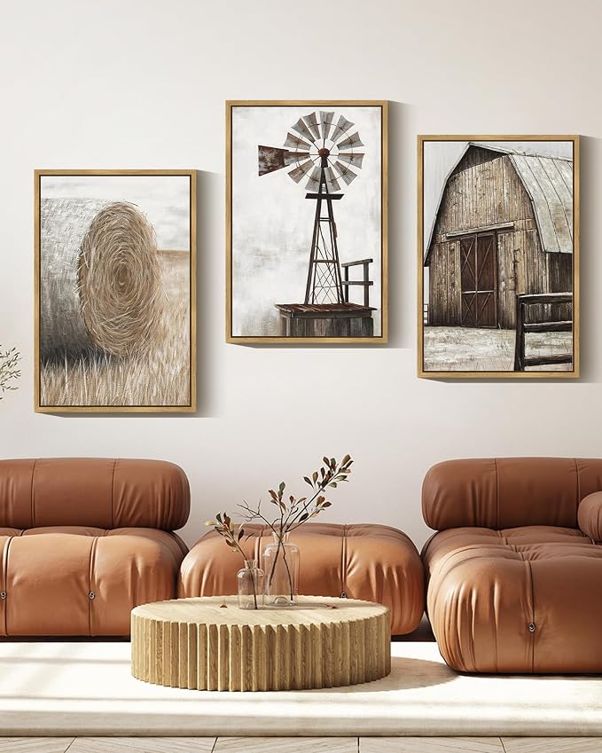 Drsoum Farmhouse Wall Art Vintage Rustic Windmill Barn Cornfield Pictures Framed Painting Landscape Countryside Rural Canvas Artwork Home Decor Ready to Hang 24x36in - Natural Framed